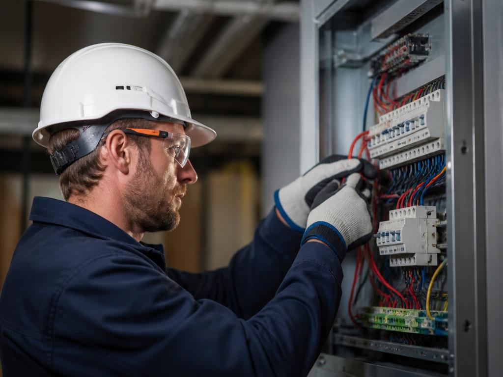 Técnico electricista trabajando en un cuadro eléctrico en una instalación